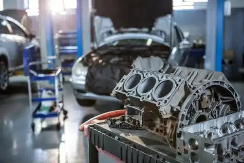 Mechanic inspecting car engine components during a mobile engine diagnostics service