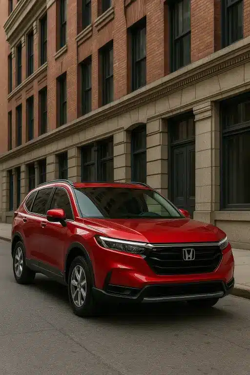 for Honda oil change service, Red Honda SUV parked on a city street,