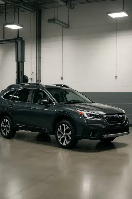Subaru Outback parked in a clean service center, ready for an oil change at Guerrero Mobile Mechanics