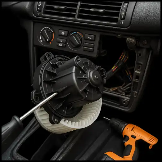 Car AC fan motor and blower being repaired