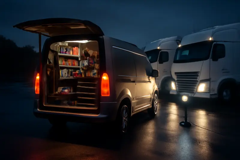 Mobile mechanic van servicing fleet of trucks at night, illuminated by work light