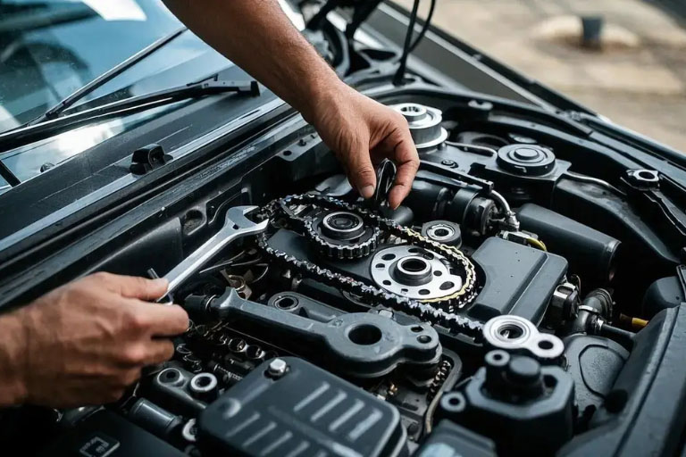 Top 6 Common Problems with the Pentastar 3.6L V6 Engine 3 A Mechanic Checking Timing Chain with a Tool