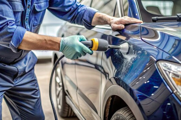 Mobile Technician Painting a Car with Spray Tool at Auto Shop