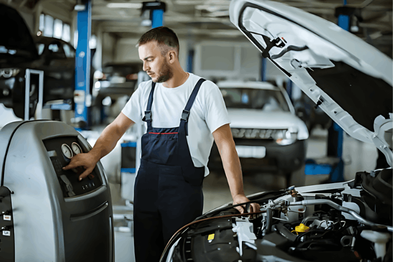 Technician Performing On-Site A/C Compressor Repair on a Car