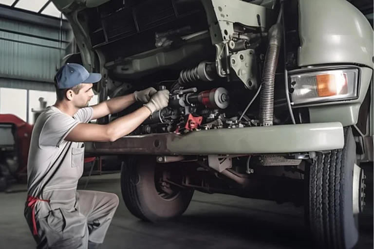 A Mechanic Servicing a Fleet Vehicle in a Maintenance Facility