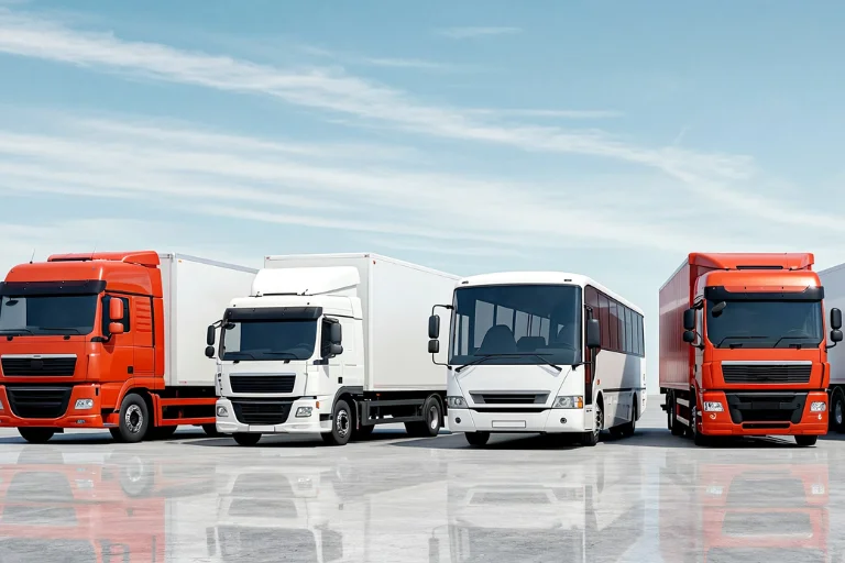 Fleet of delivery vans, utility trucks, and service vehicles