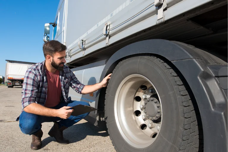 Mobile mechanic inspecting a work truck outdoors