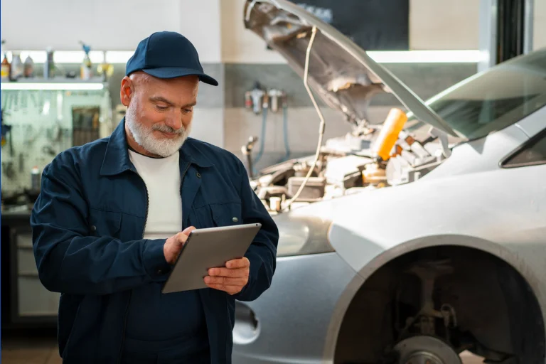 Technician inspecting a commercial fleet with a diagnostic tablet