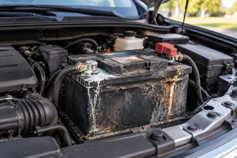 Mobile Car Battery Replacement Near You - On-Site Battery & Jump Start Service 4 A close-up of a damaged car battery with corrosion