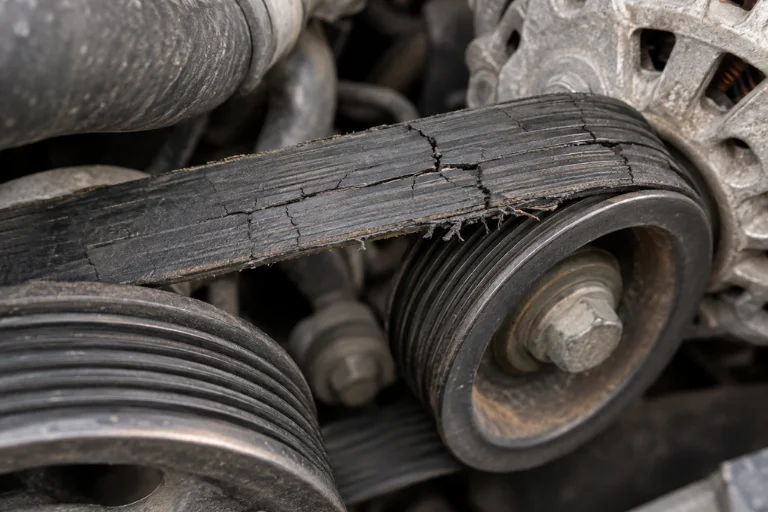 Close-up of cracked or glazed serpentine belt
