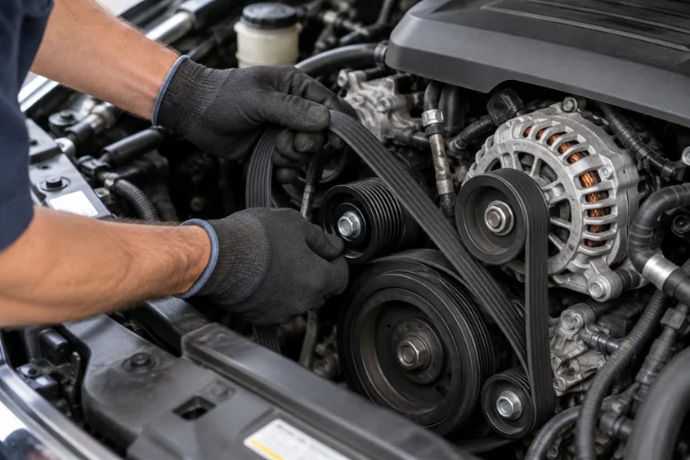 Mechanic inspecting and replacing a car engine belt