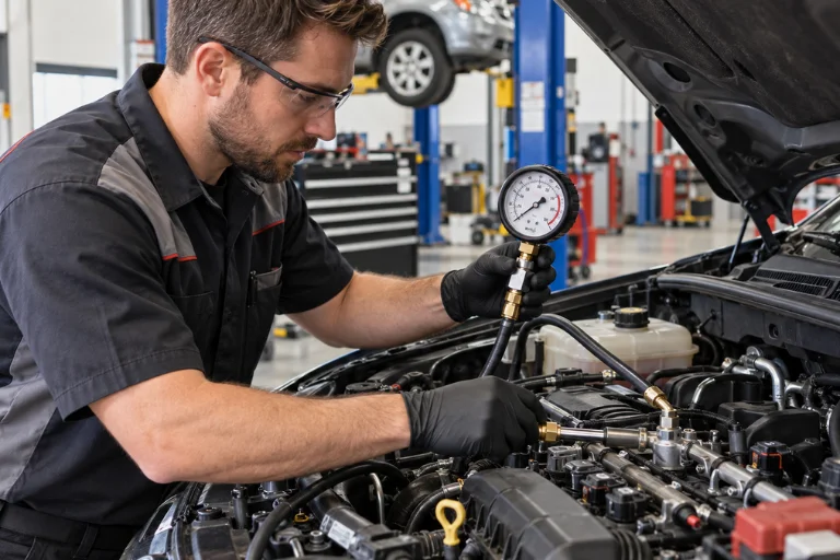 Fuel Pump Replacement Cost - Signs of a Failing Fuel Pump 4 Mechanic performing fuel pressure testing to diagnose fuel pump problems