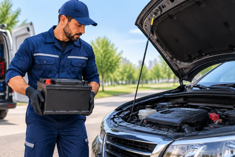 Mobile Car Battery Replacement Near You - On-Site Battery & Jump Start Service 3 A technician preparing a car battery replacement beside the vehicle