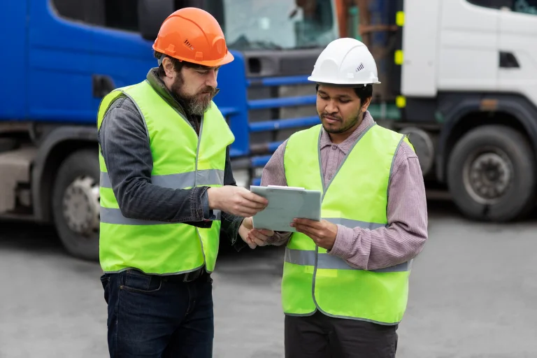 Technician reviewing fleet service results with a manager