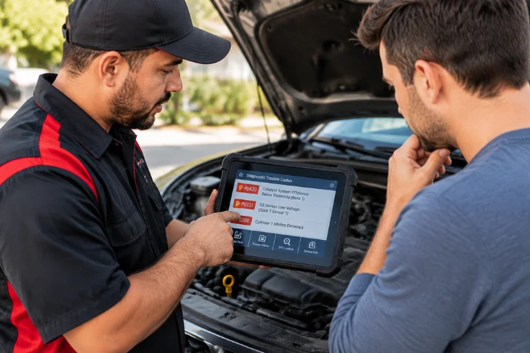 A mechanic explaining repair options to vehicle owner