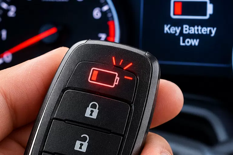 Car key fob showing a low battery warning near the vehicle dashboard