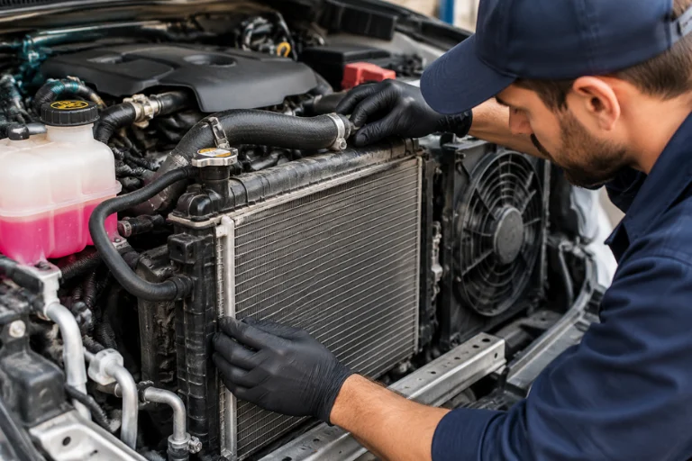 Radiator Repair vs Replacement: Cost Guide for Leaks & Overheating 2 Car radiator cooling system components inspected by technician