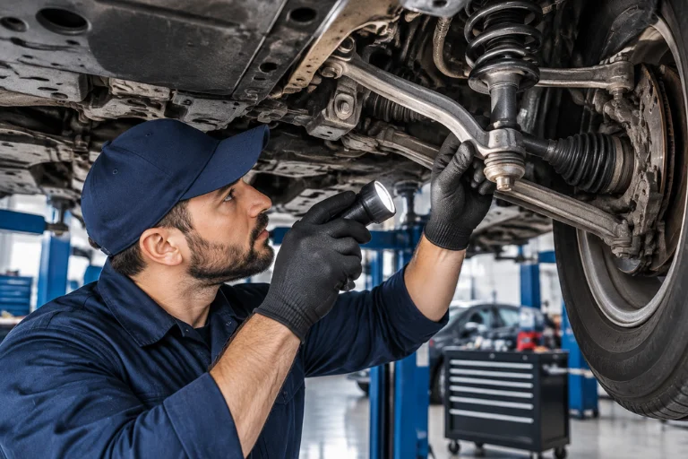 Car suspension repair inspection by automotive technician