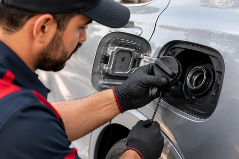 Close-up of a mechanic checking fuel cap area