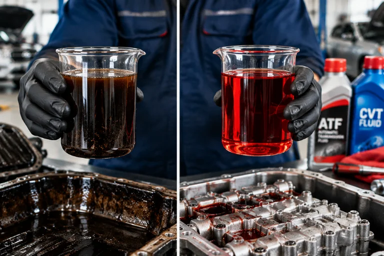 Comparison image showing old dark transmission fluid and fresh clean fluid