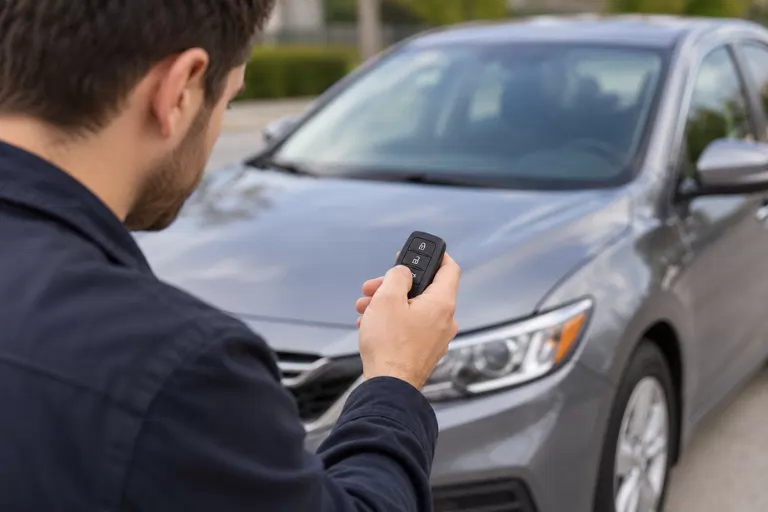 Driver testing an unresponsive car key fob