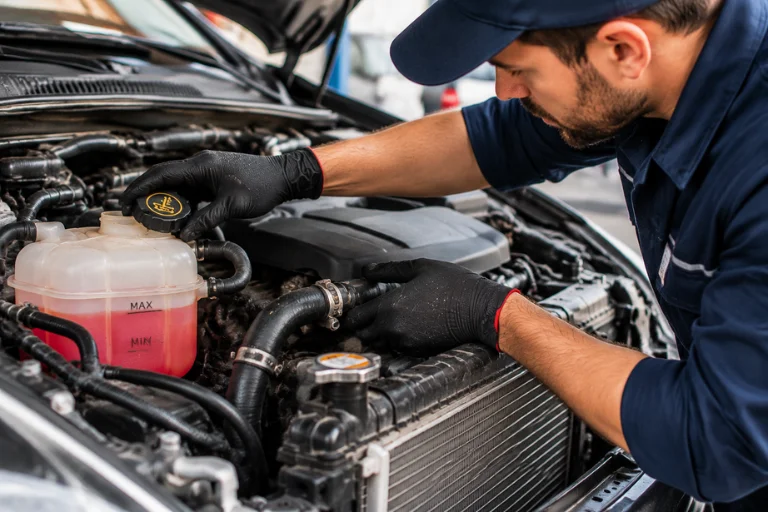 Radiator Repair vs Replacement: Cost Guide for Leaks & Overheating 4 Mechanic checking coolant level and inspecting hoses during maintenance