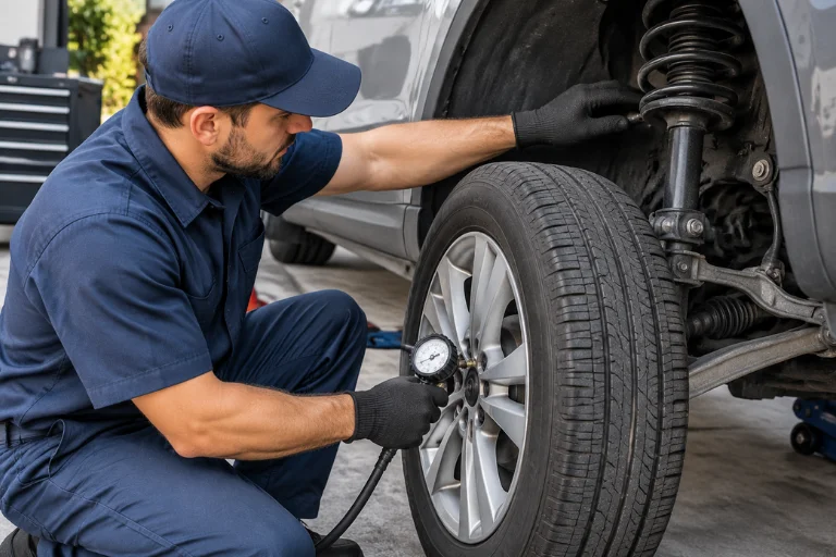 Mechanic checking tire pressure during routine maintenance