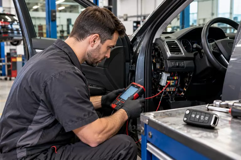 Mechanic diagnosing vehicle electrical system and remote locking problem