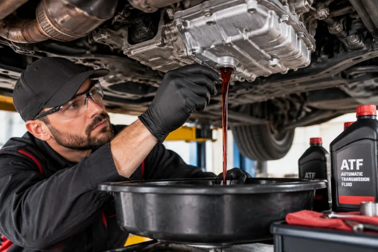 Mechanic performing transmission fluid change service on vehicle