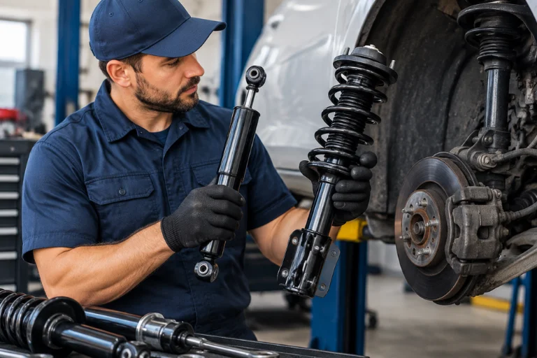 Mechanic showing shock absorber and strut assembly during inspection