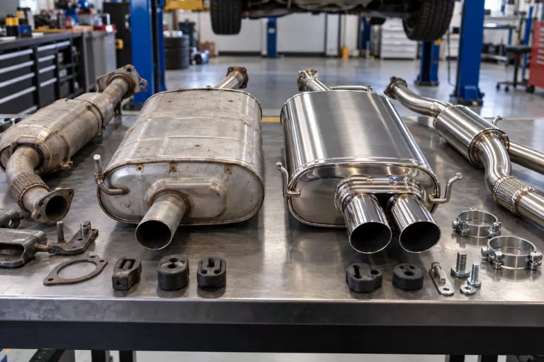 Exhaust Leak & Muffler Repair Cost Guide — Signs You Need a Fix 4 OEM and aftermarket mufflers displayed on a workbench