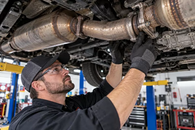 Exhaust Leak & Muffler Repair Cost Guide — Signs You Need a Fix 2 Technician examining an exhaust pipe and its connections beneath a raised vehicle
