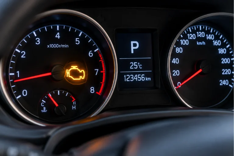 Vehicle dashboard showing check engine light warning symbol